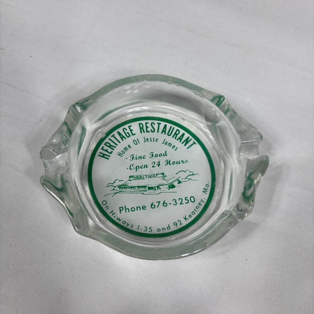Vtg Heritage Restaurant Kearney MO Ashtray Jesse James Home Town Advertising MCM